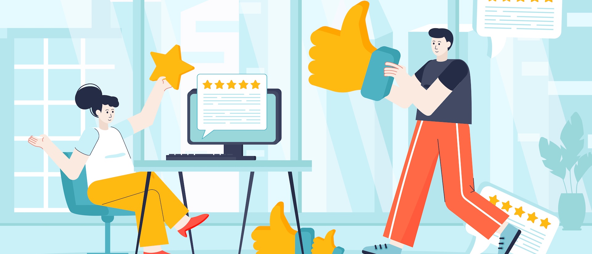 Woman seated in chair in front of computer holds up a yellow star while man walking toward her has a giant yellow thumb