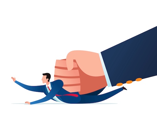 Large fist flattening a man wearing a suit