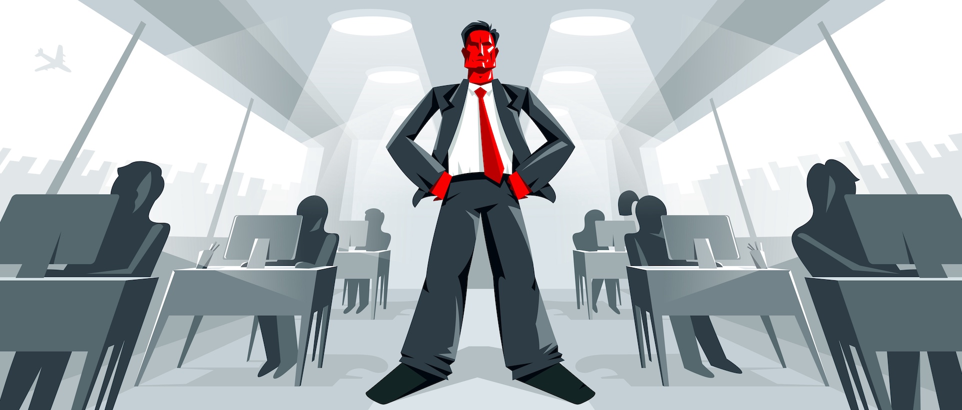 Red faced boss wearing suit standing in center of desks where employees are working.