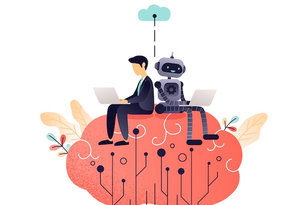 A man and a robot sitting on a brain flying in the air