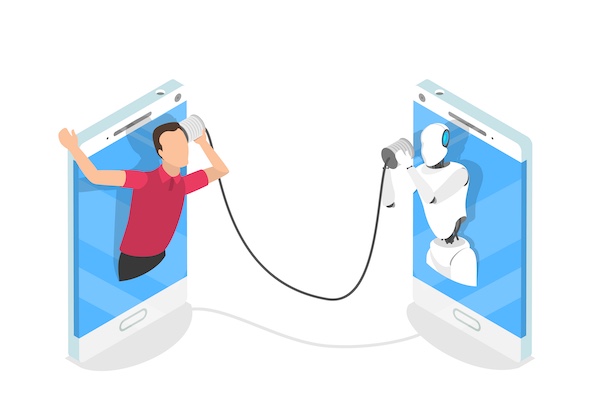 Phone call between a hum and robot with wire connecting the two phones