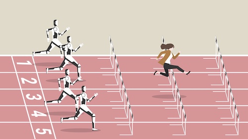 Woman clearing track hurdles in race with robots behind her