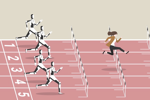 Woman clearing track hurdles in race with robots behind her