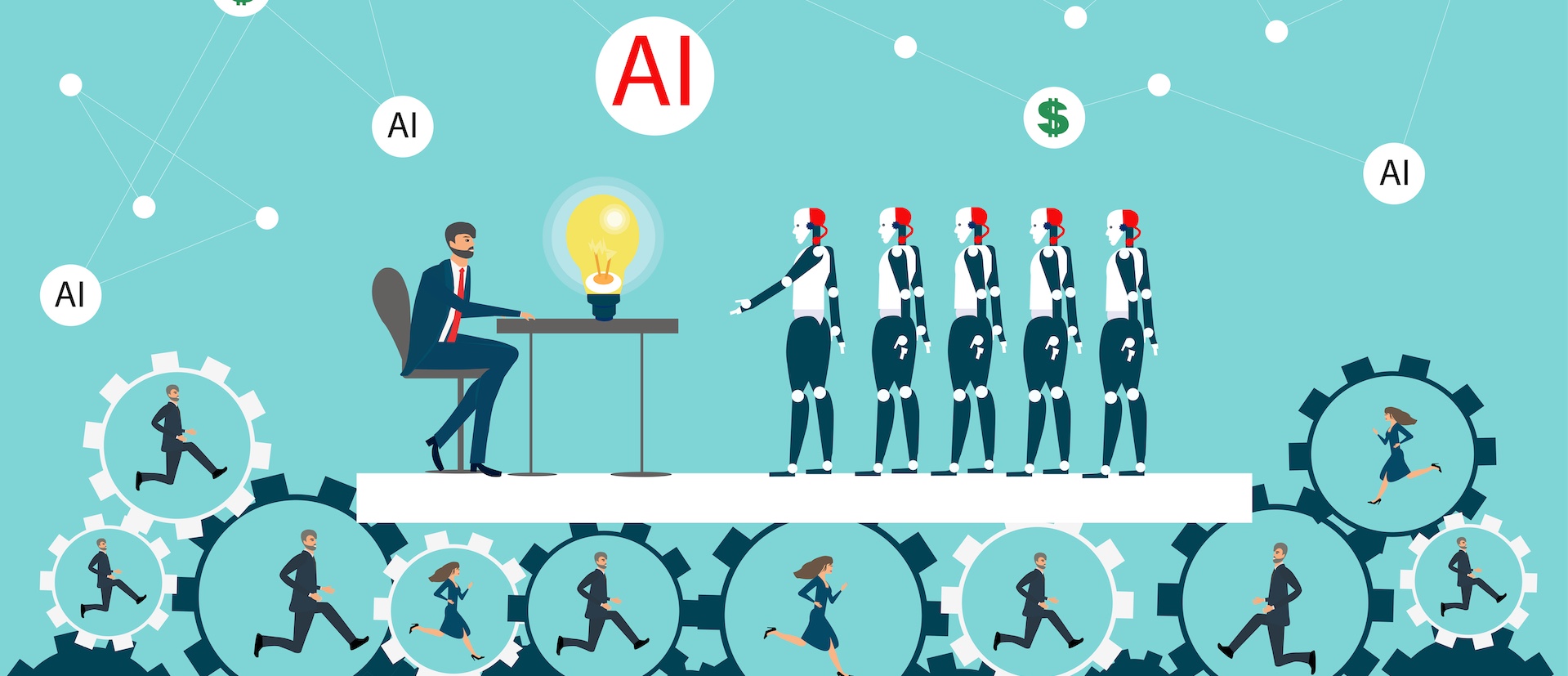 Human typing at a desk with five robots in front of him and the word AI in a bubble above him