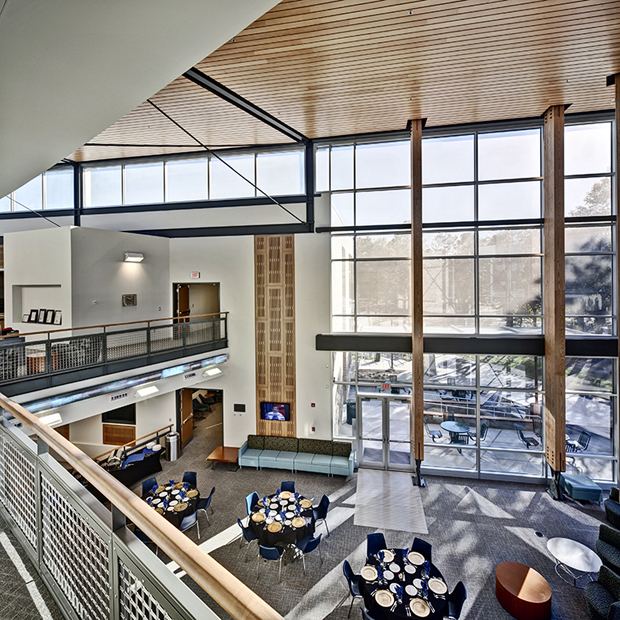 Top-down view from the second floor of the atrium in Building 76A on the UWF Pensacola campus.