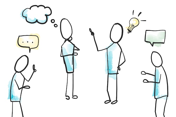 Four people standing together with clouds over their heads indicating they are thinking