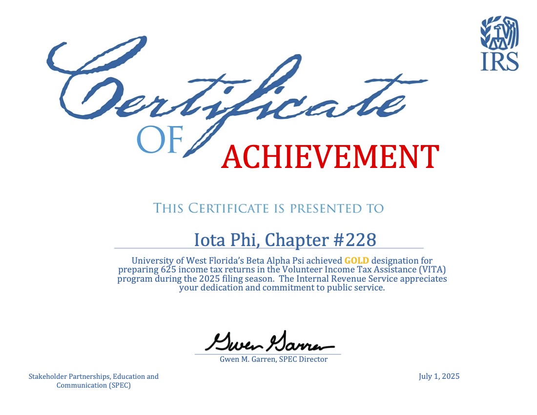 Certificate awarding Beta Alpha Psi gold status