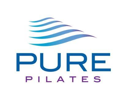 Pure Pilates logo with the words in blue and purple and teal waves above the words.