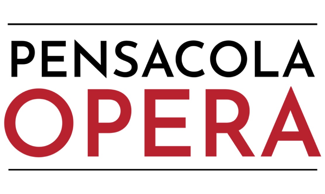 Logo with the word Pensacola in black letters stacked on the word Opera in red letters