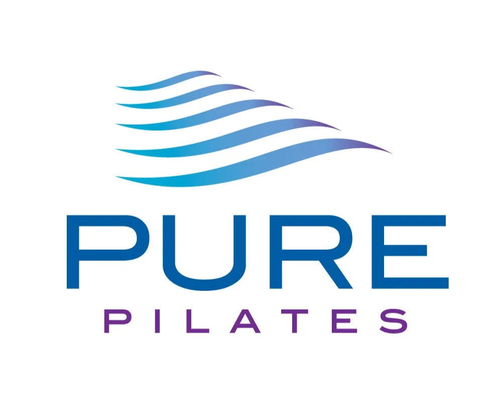 Pure Pilates logo with the words in blue and purple and teal waves above the words.