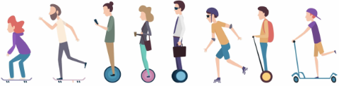 Students using a variety of micro-mobility devices, including electric skateboards, Segway's, scooters, mopeds, and bikes.