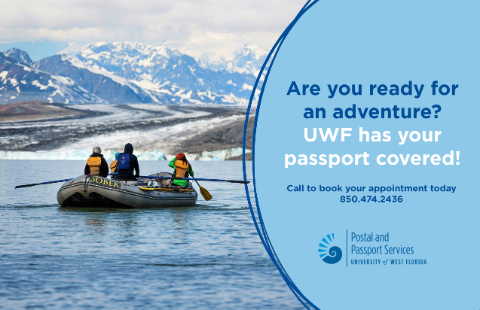 Passport infographic, people in a rowboat with an icy mountain background
