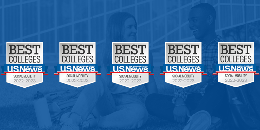 Five U.S. News & World Report 2022 Best Colleges badges for Most Innovative, Regional Public Universities, Veterans, Southern Regional Universities, and Social Mobility