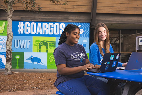 Two students sitting at table using a laptop in front of the Go Argos mural at University Commons.
