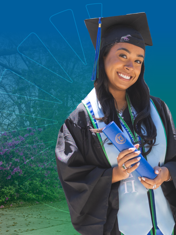 Nursing student dressed in graduation regalia over a blue and green gradient background