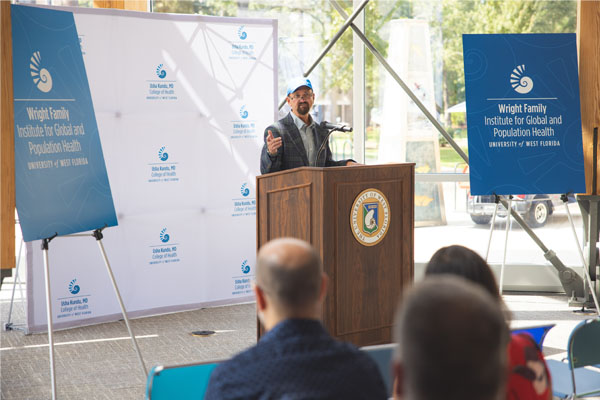 Stephen Wright, public health philanthropist, speaking to a crowd