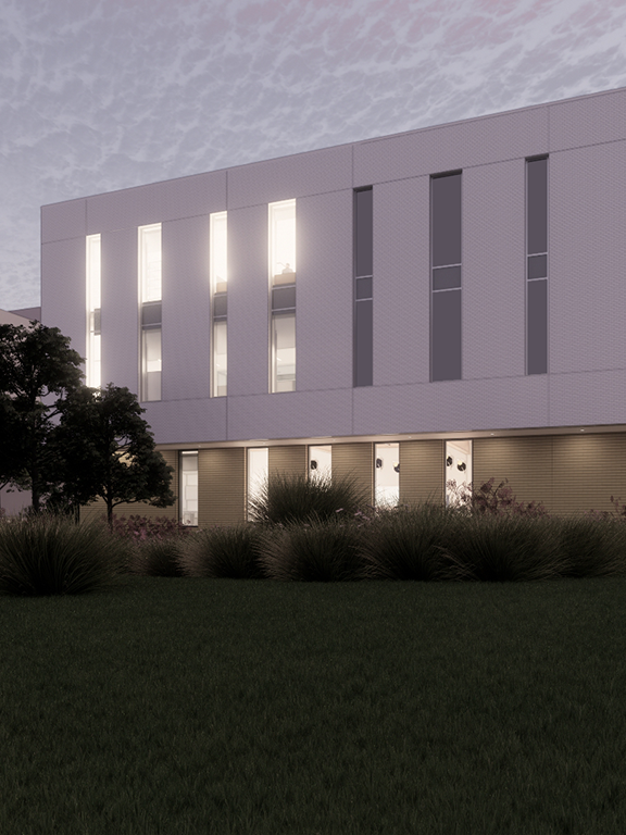 A nighttime rendering developed by Caldwell Architects and Perkins and Will of The Synapse building on the UWF Pensacola campus in front of the John C. Pace Library building.