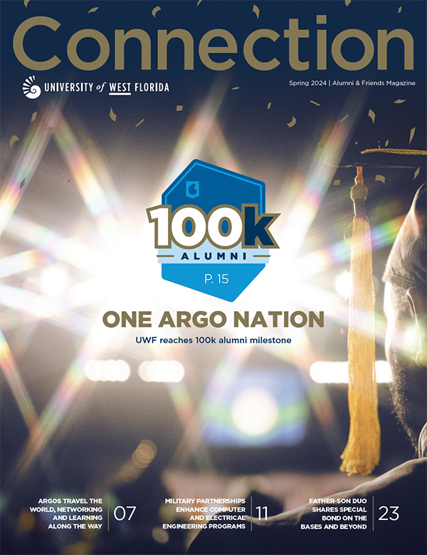 Cover of the Fall 2024 Connection magazine. The cover highlights the feature story of UWF reaching the 100,000 alumni milestone.