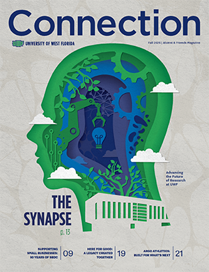 Cover of the Fall 2026 Connection magazine featuring an illustration of a human head with layers stylized like paper cut-outs that appear to go deeper and deeper into the head showcasing icons like gears, robotic arms, trees, neural networks, and nodes. There are simple cloud graphics overlaying the head and a graphic of The Synapse building rendering at the base of the neck.