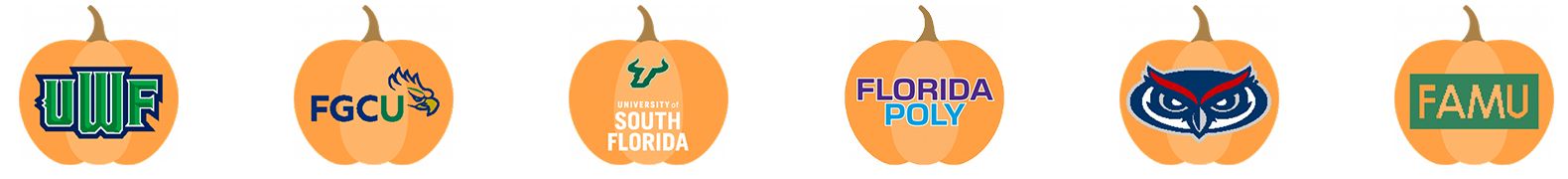 A row of 6 pumpkin graphics that each contain a school logo from left to right - UWF, FGCU, USF, FPU, FAU and FAMU.