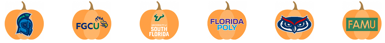 A row of 6 pumpkin graphics that each contain a school logo from left to right - UWF, FGCU, USF, FPU, FAU and FAMU.