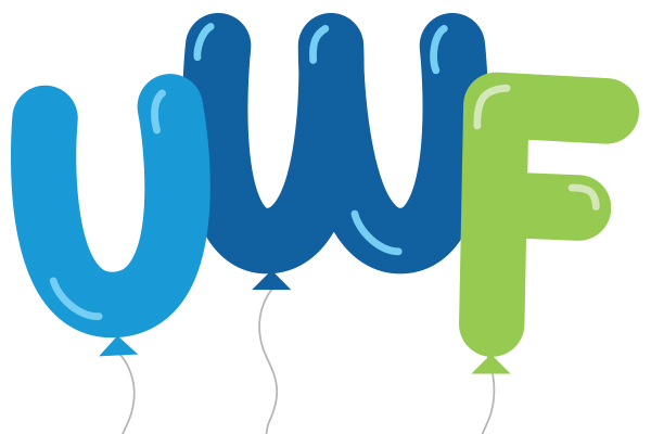 Illustration of three balloons forming the letters U W F