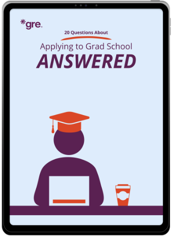 An illustration showing a silhouette of a person with a graduation cap on their head seated at a table using a laptop alongside a coffee cup with text at the top that reads 20 Questions About Applying to Grad School Answered.
