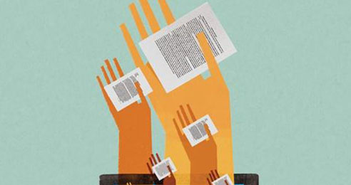 Illustration of multiple hands of different sizes each holding a sheet of paper with writing.