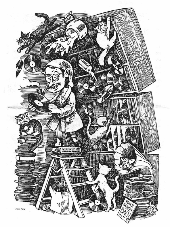 Man on ladder organizing vinyl records with playful cats scattered around the whimsical scene.