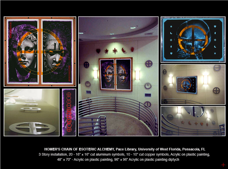 Multistory art installation with abstract alchemy symbols and large acrylic paintings.