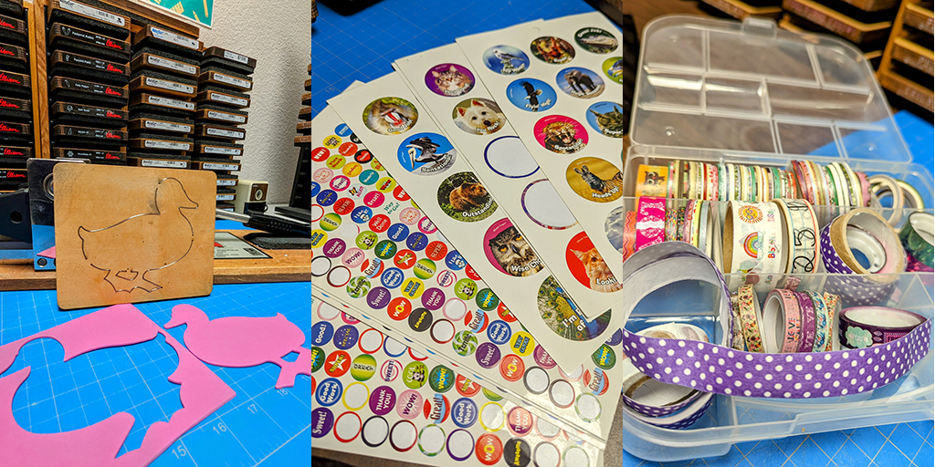 Crafting collage with stamps, reward stickers, and colorful tape rolls.