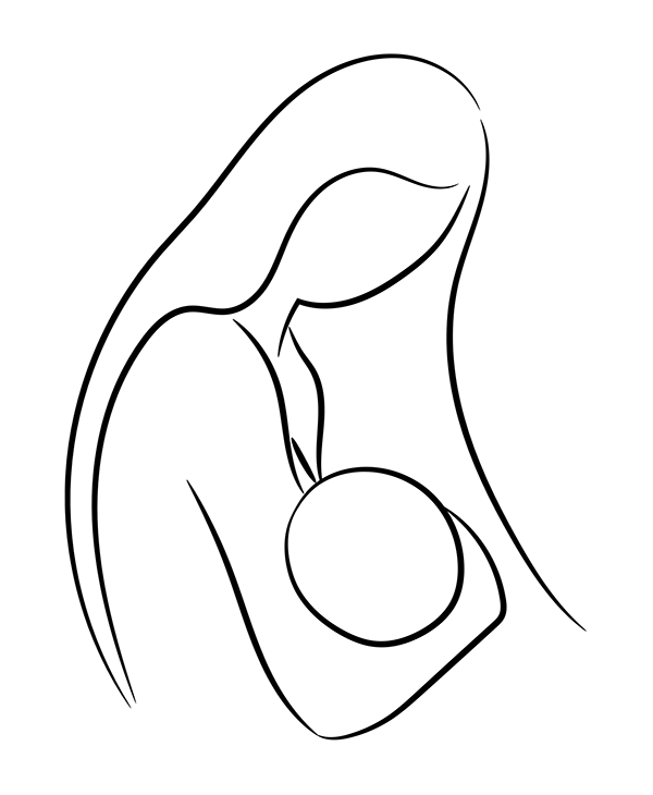 Minimalist line drawing of person gently cradling a baby in protective embrace.