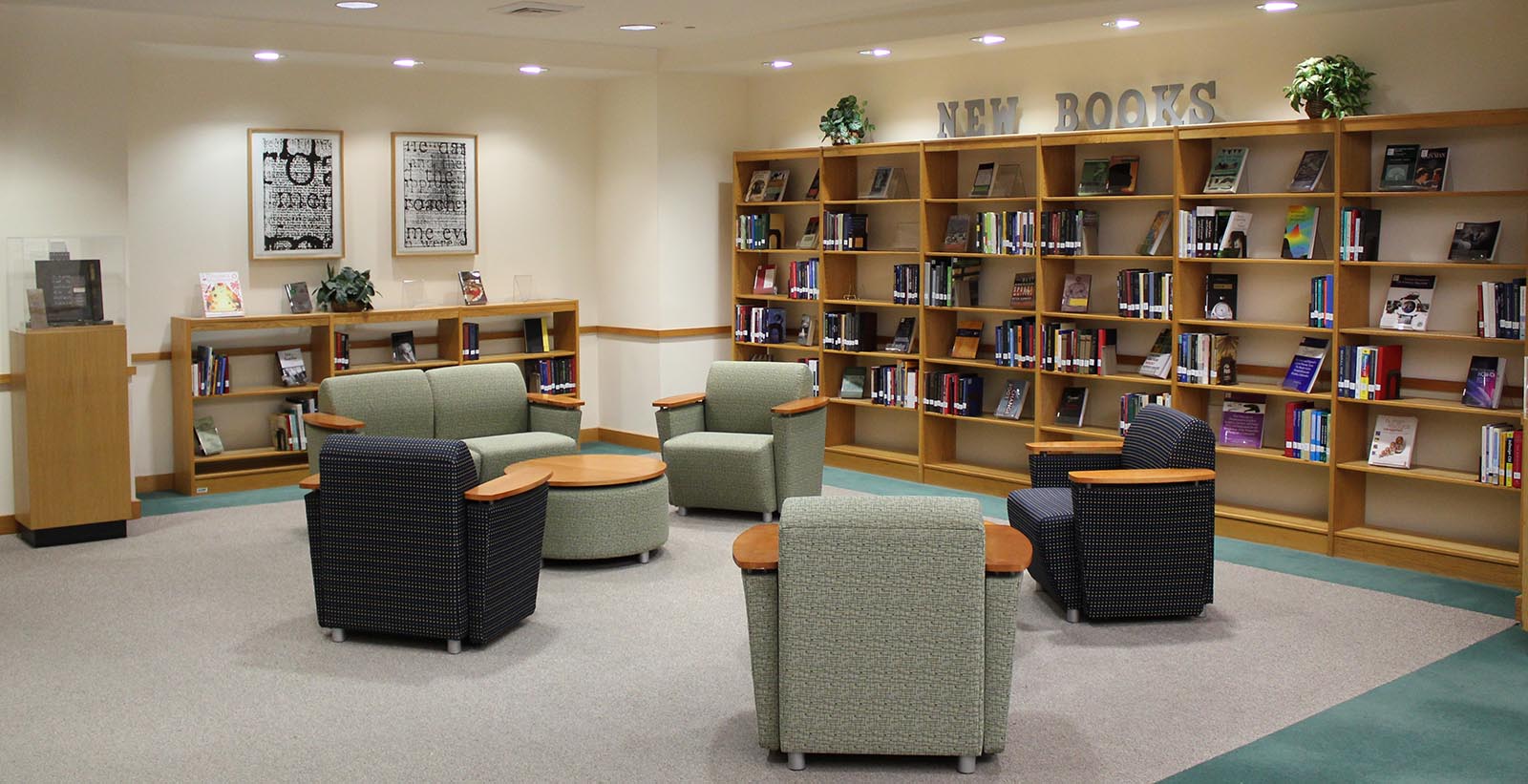 Photograph of the new book area on the first floor of the Pace library.