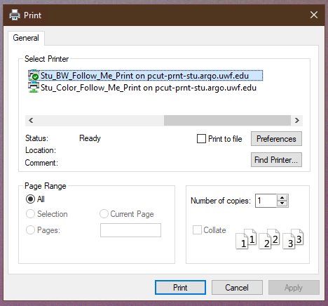Windows printer device selection window with the uPrint device selected.