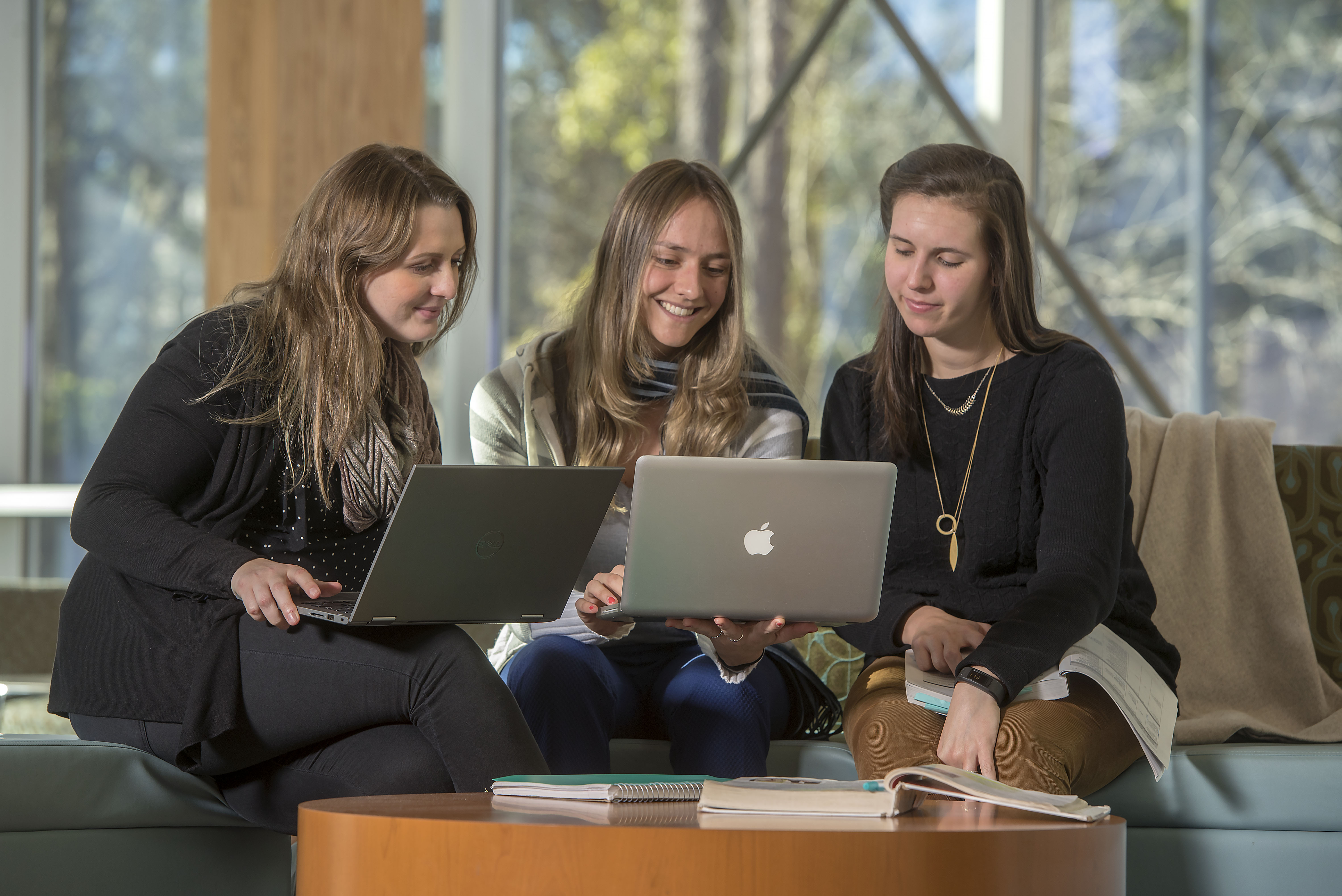 Three UWF students studying in a group with laptops.