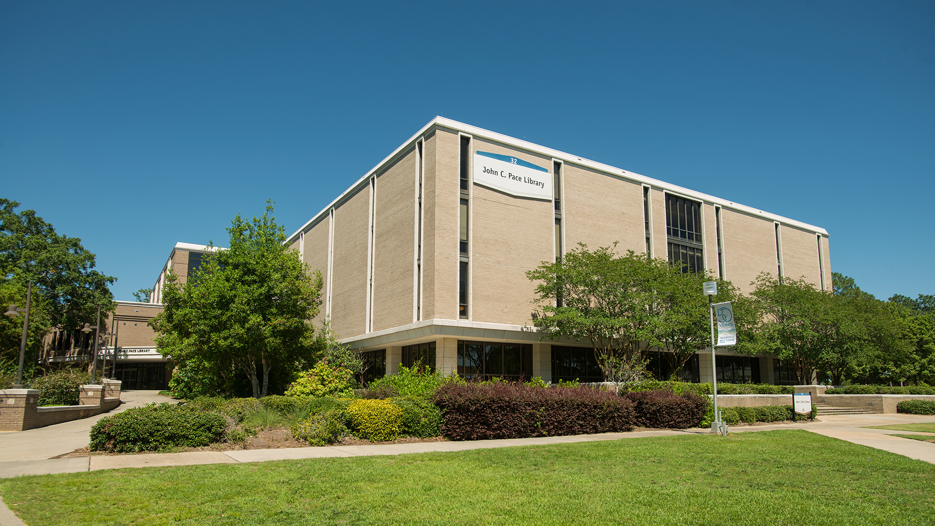 Exterior photo of the John C. Pace library.