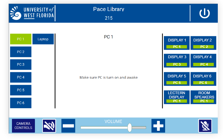 Touchscreen interface for managing displays, PCs, audio, and camera in Pace Library room 215.