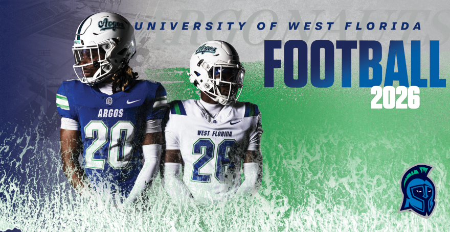 University of West Florida football 2026 web banner featuring two Argos football players in helmets and uniforms, with blue and green graphics, water effects, and the UWF Argos logo. Text reads “University of West Florida Football 2026.”