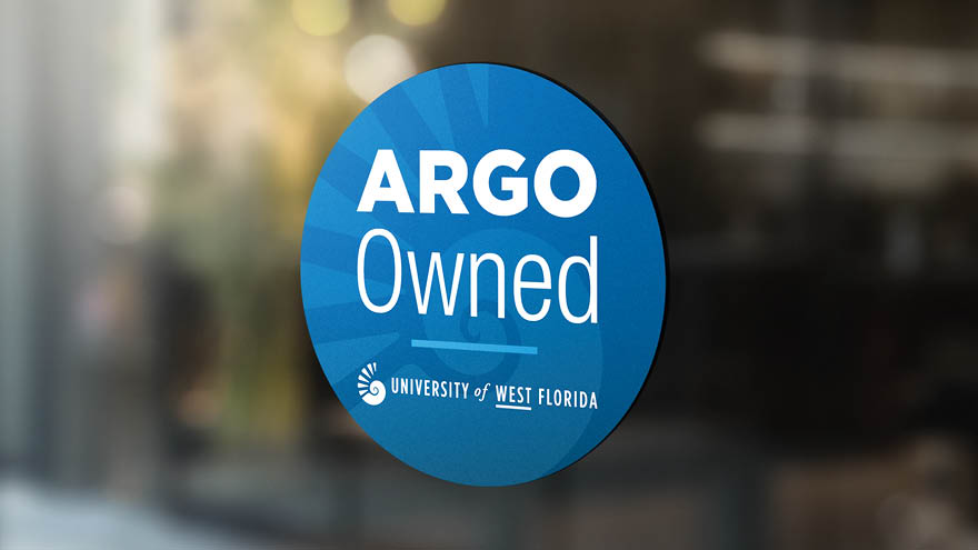 Argo Owned window decal for alumni-owned businesses.
