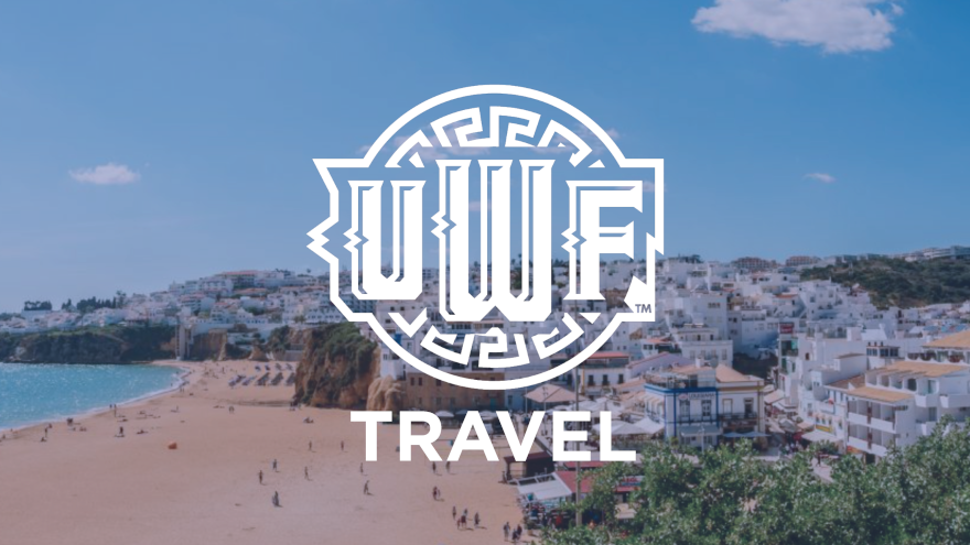 The UWF Alumni Association logo rests upon a photo of a European beach.
