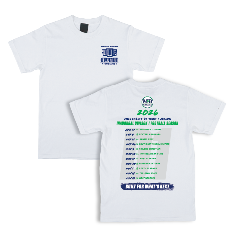 The 2026 alumni commemorative white t-shirt feathers the UWF alumni association logo on the front left chest, and a full back graphic with the 2026 football schedule.