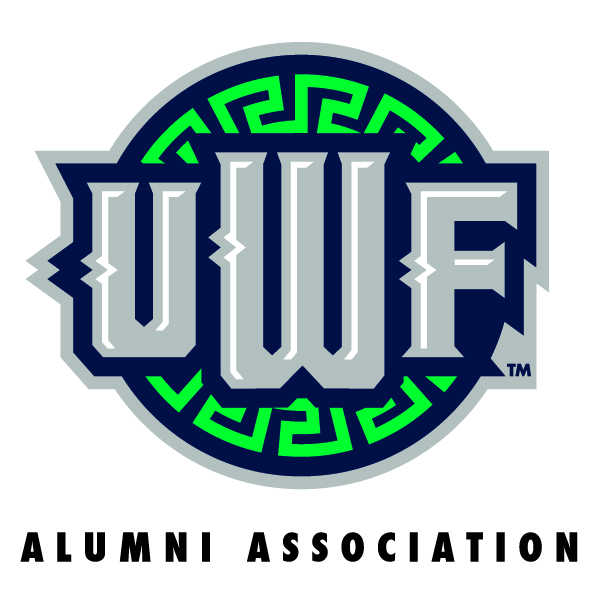 The logo of the UWF Alumni Association is a shield with the letters UWF on top.