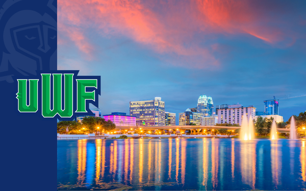 UWF graphic featuring the Orlando skyline and fountain-lit lake at sunset.