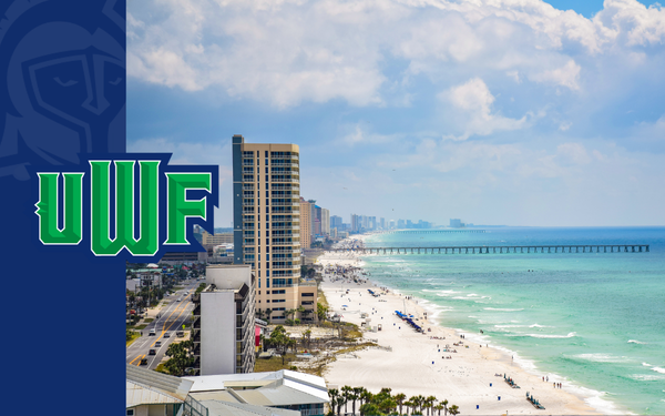 UWF graphic featuring Panama City Beach with white sand, turquoise Gulf waters, and a pier.