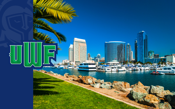 UWF graphic featuring the San Diego waterfront, marina, and downtown skyline beneath a clear blue sky.