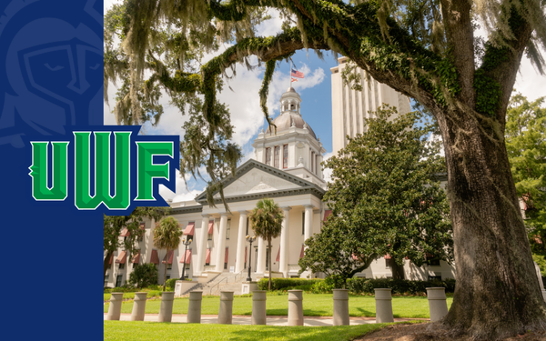 UWF graphic featuring Florida’s historic capitol area with a white domed building framed by large oak trees.