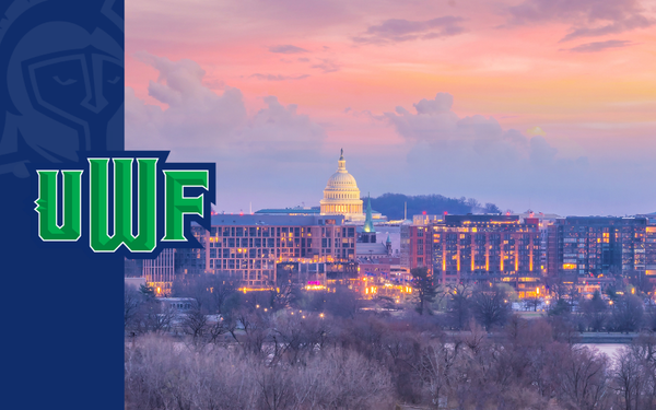 UWF graphic featuring the DC skyline and Capitol dome at sunset.