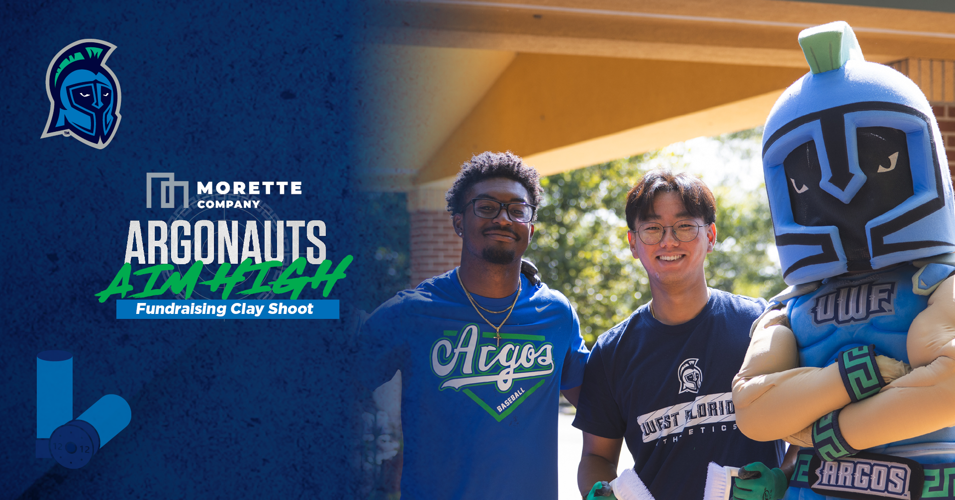 Web banner for the Argos Aim High Fundraising Clay Shoot featuring the UWF Argonauts logo and event title, with two people wearing UWF Athletics shirts standing beside the university mascot, Argie, on the right.