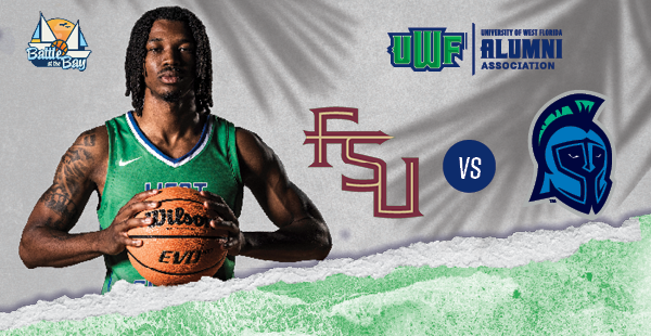 Web banner featuring a UWF men’s basketball player holding a basketball, the UWF Alumni Association logo, and opposing team logos with “VS” between them, set against a blue, green and white textured background.