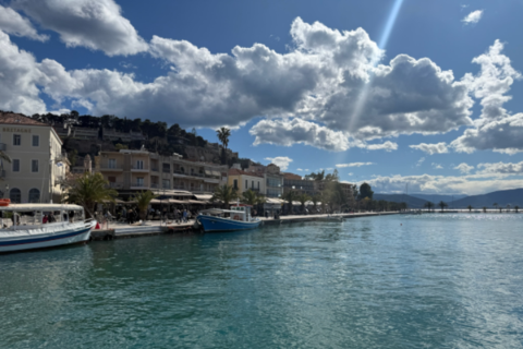 A sunny, scenic view along the Mediterranean Sea at the Greek city of Nafplio.